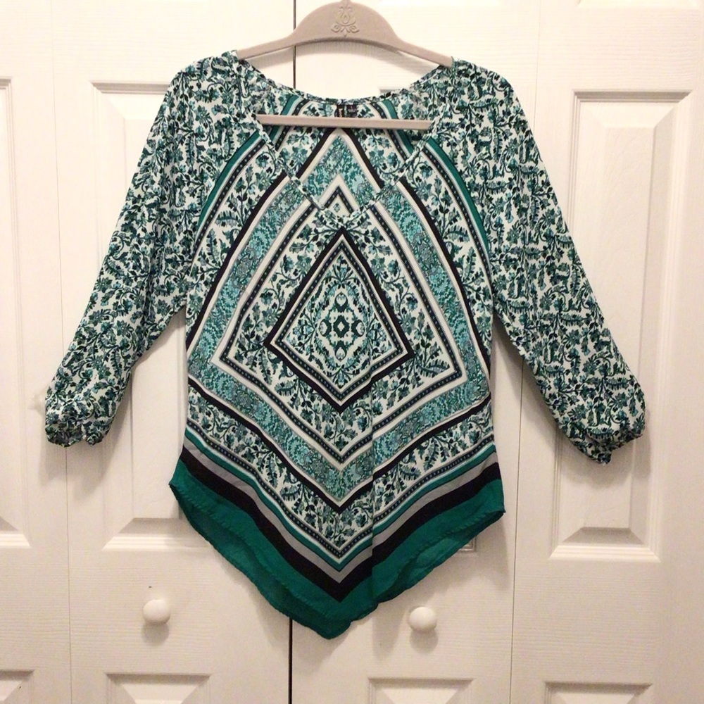 EUC Heart Soul Womens Green Floral Tile Print Asymmetrical Blouse Top Large